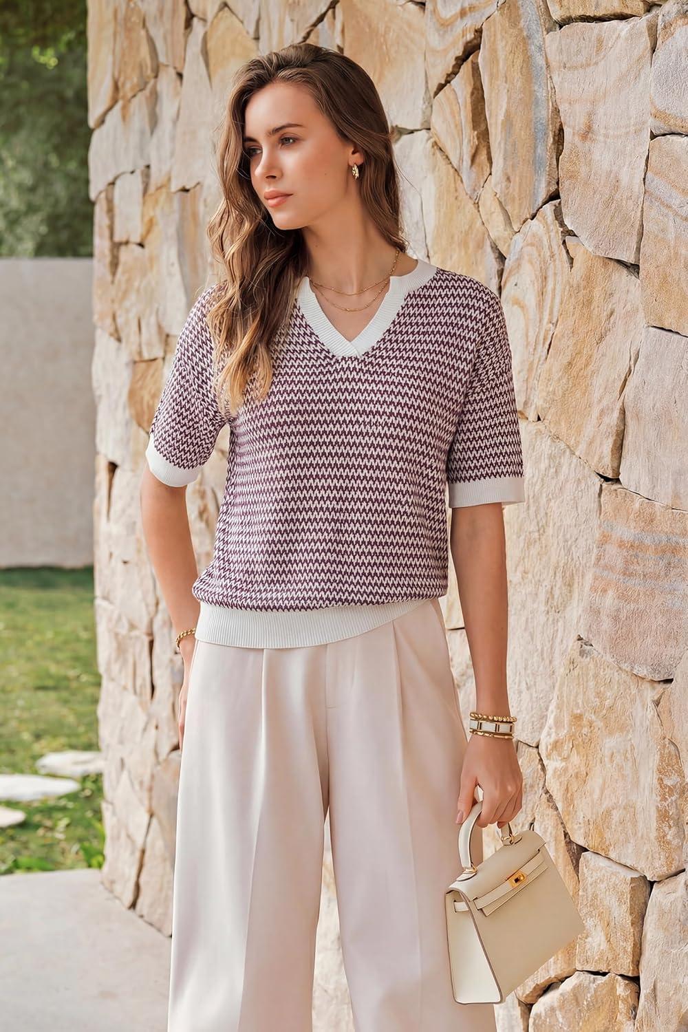 image:imageArachampCloz Womens 100 Cotton Polo V Neck Striped Short Sleeve Spring Casual Pullover Sweaters 2026Dark Red