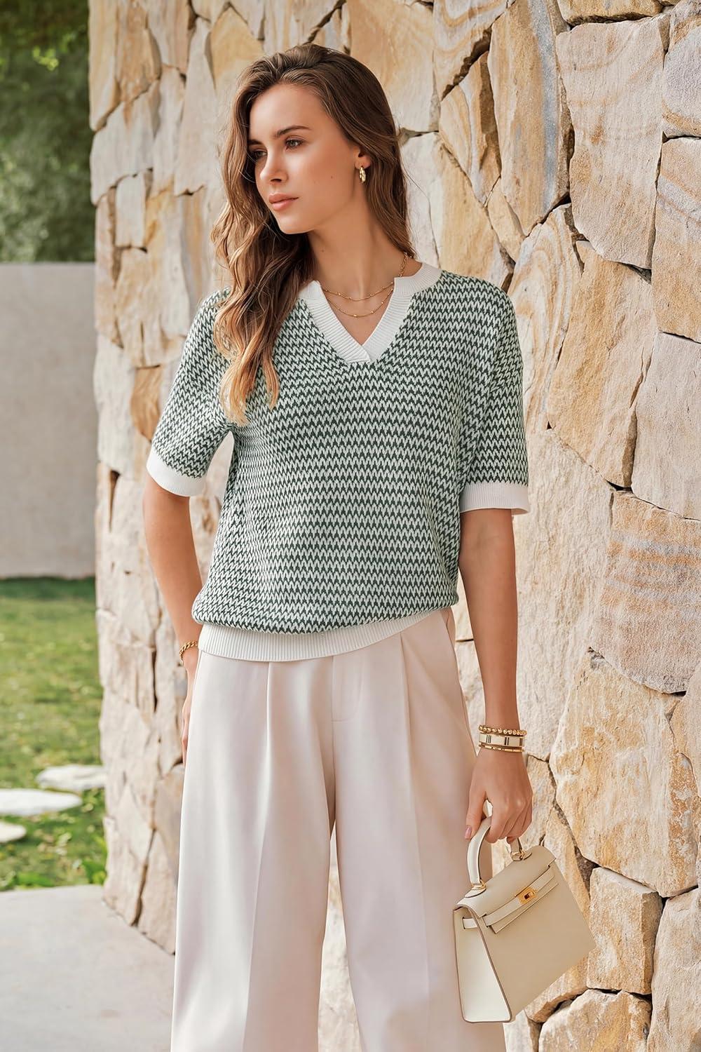 image:imageArachampCloz Womens 100 Cotton Polo V Neck Striped Short Sleeve Spring Casual Pullover Sweaters 2026Green
