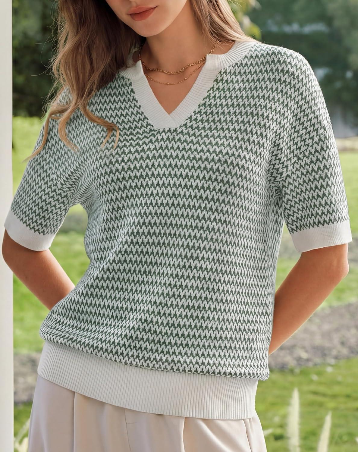 image:imageArachampCloz Womens 100 Cotton Polo V Neck Striped Short Sleeve Spring Casual Pullover Sweaters 2026Green