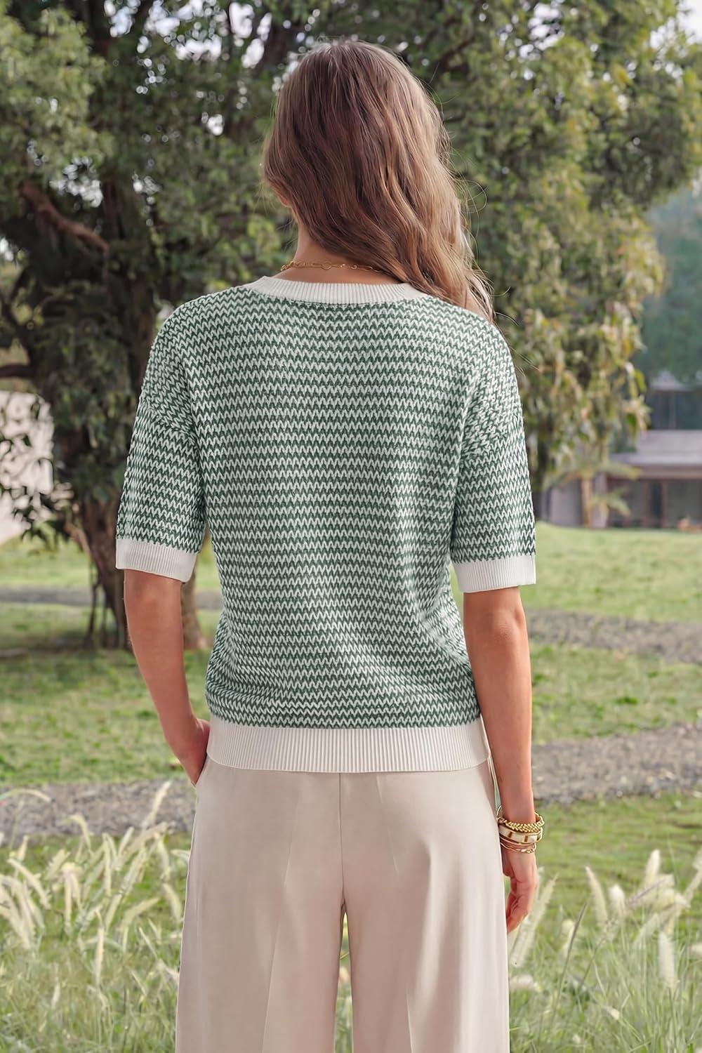 image:imageArachampCloz Womens 100 Cotton Polo V Neck Striped Short Sleeve Spring Casual Pullover Sweaters 2026Green