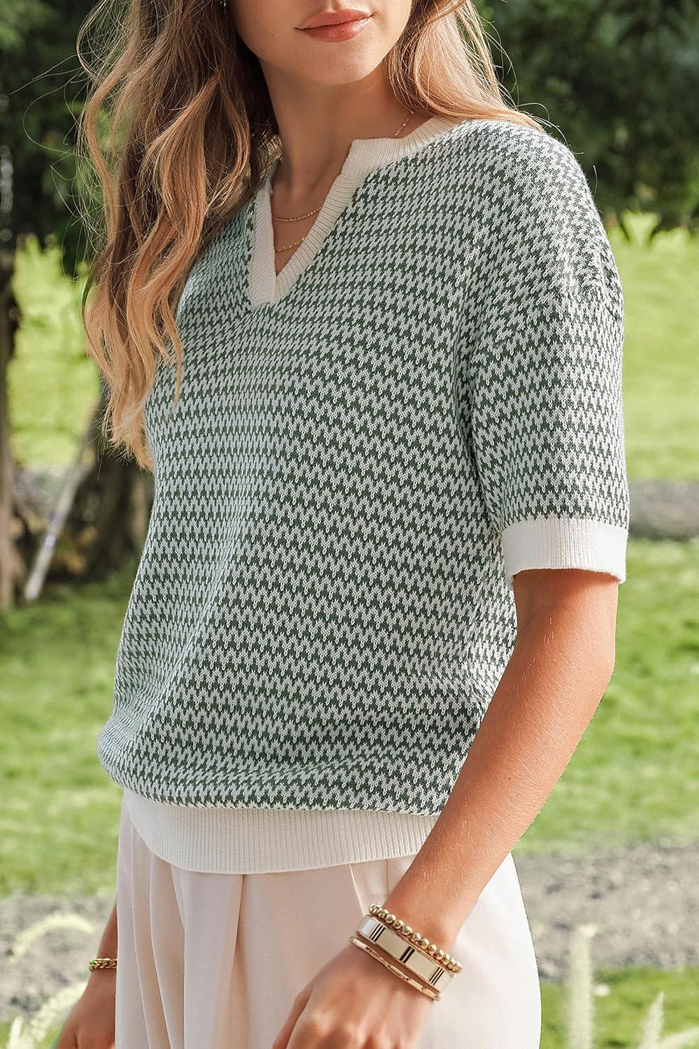image:imageArachampCloz Womens 100 Cotton Polo V Neck Striped Short Sleeve Spring Casual Pullover Sweaters 2026Green