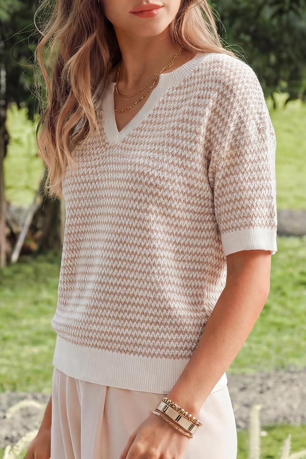 image:imageArachampCloz Womens 100 Cotton Polo V Neck Striped Short Sleeve Spring Casual Pullover Sweaters 2026Khaki