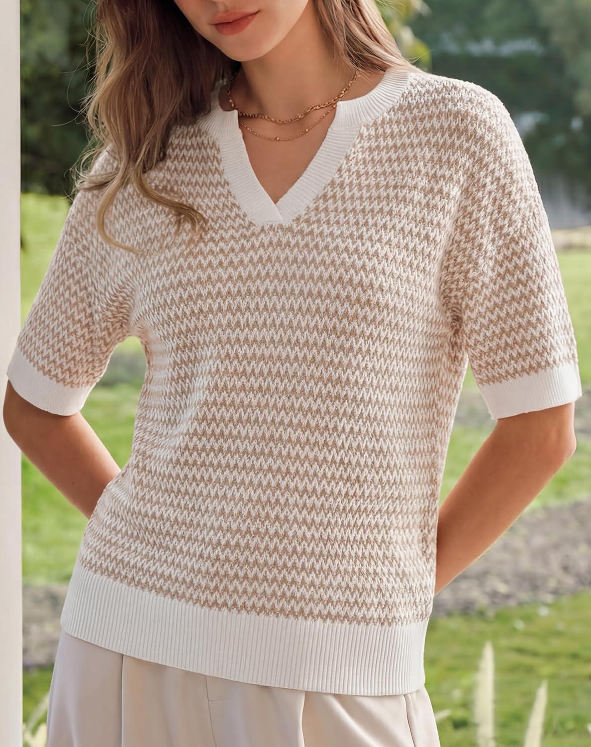 image:imageArachampCloz Womens 100 Cotton Polo V Neck Striped Short Sleeve Spring Casual Pullover Sweaters 2026Khaki
