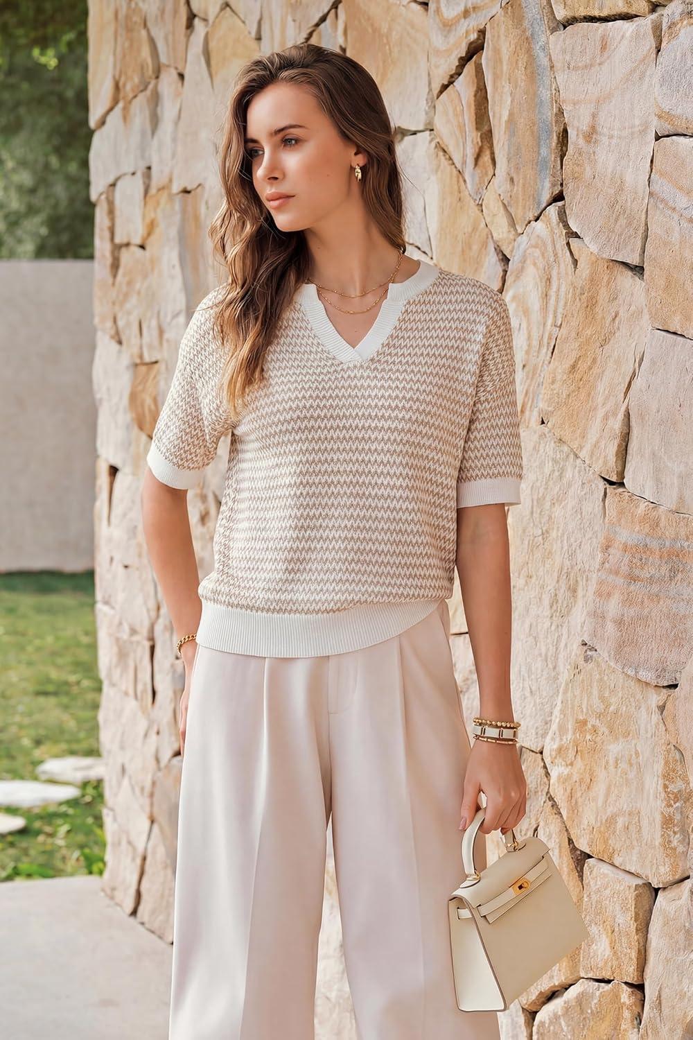 image:imageArachampCloz Womens 100 Cotton Polo V Neck Striped Short Sleeve Spring Casual Pullover Sweaters 2026Khaki
