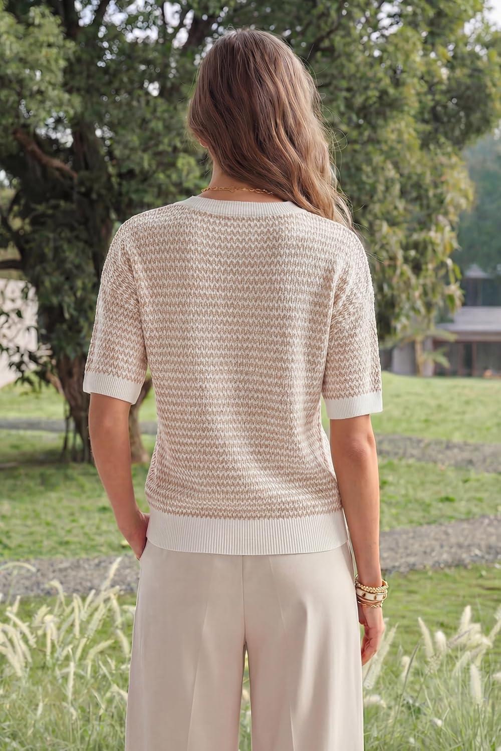 image:imageArachampCloz Womens 100 Cotton Polo V Neck Striped Short Sleeve Spring Casual Pullover Sweaters 2026Khaki