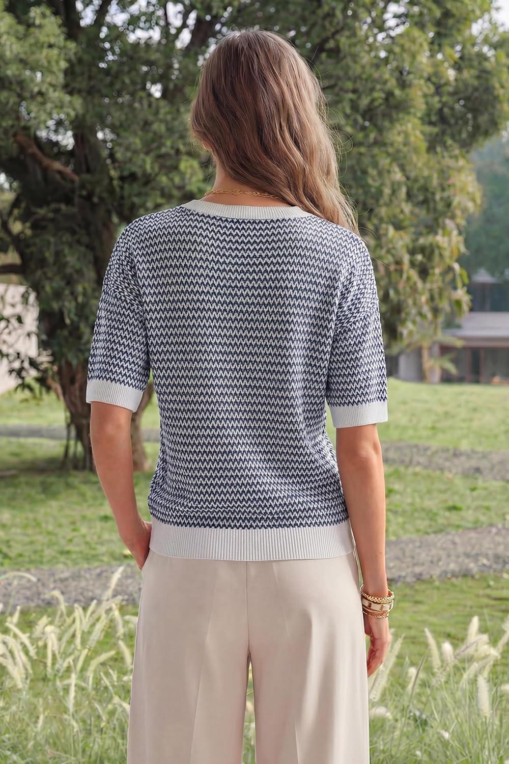 image:imageArachampCloz Womens 100 Cotton Polo V Neck Striped Short Sleeve Spring Casual Pullover Sweaters 2026Navy