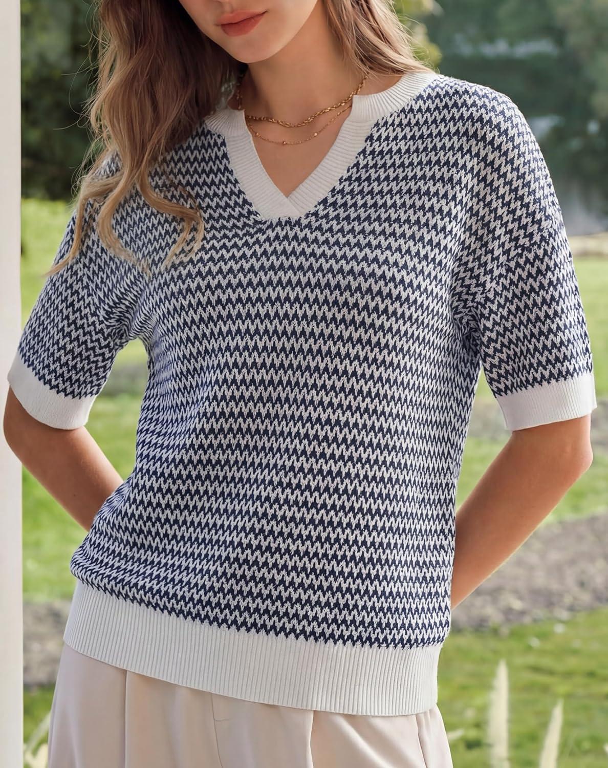 image:imageArachampCloz Womens 100 Cotton Polo V Neck Striped Short Sleeve Spring Casual Pullover Sweaters 2026Navy