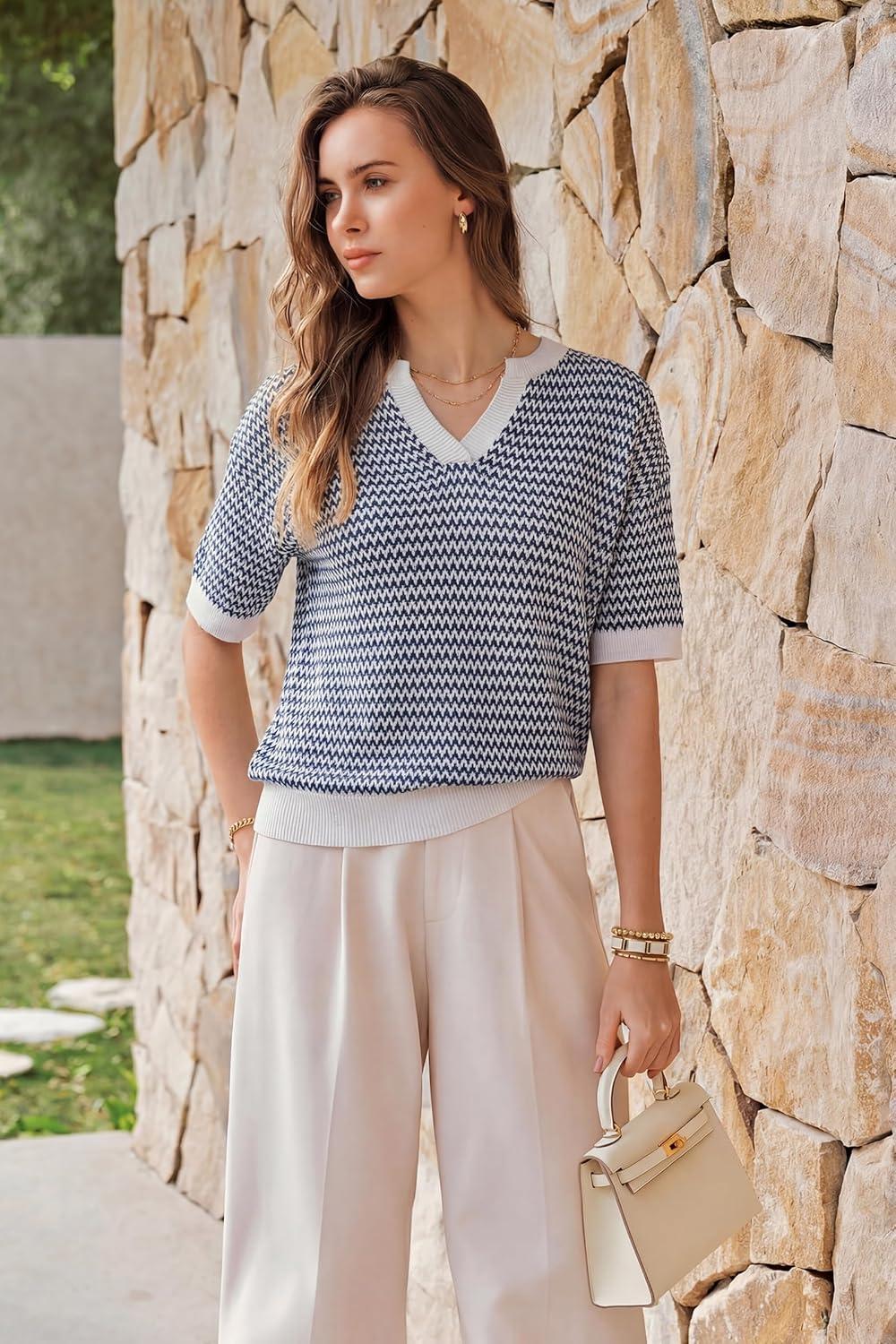image:imageArachampCloz Womens 100 Cotton Polo V Neck Striped Short Sleeve Spring Casual Pullover Sweaters 2026Navy