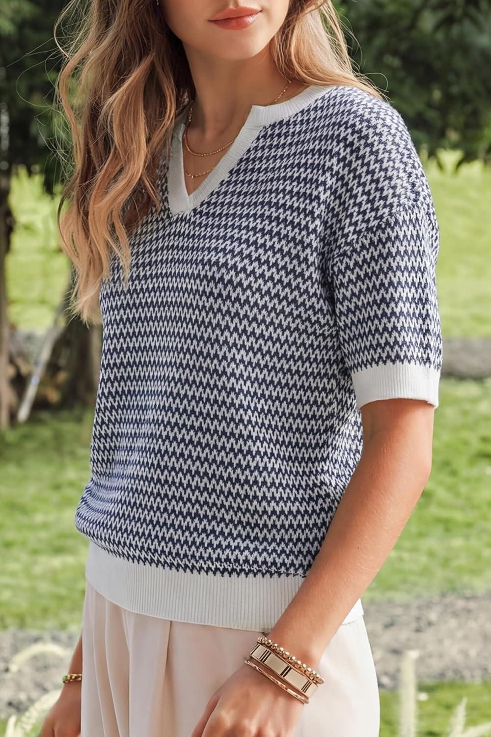 image:imageArachampCloz Womens 100 Cotton Polo V Neck Striped Short Sleeve Spring Casual Pullover Sweaters 2026Navy