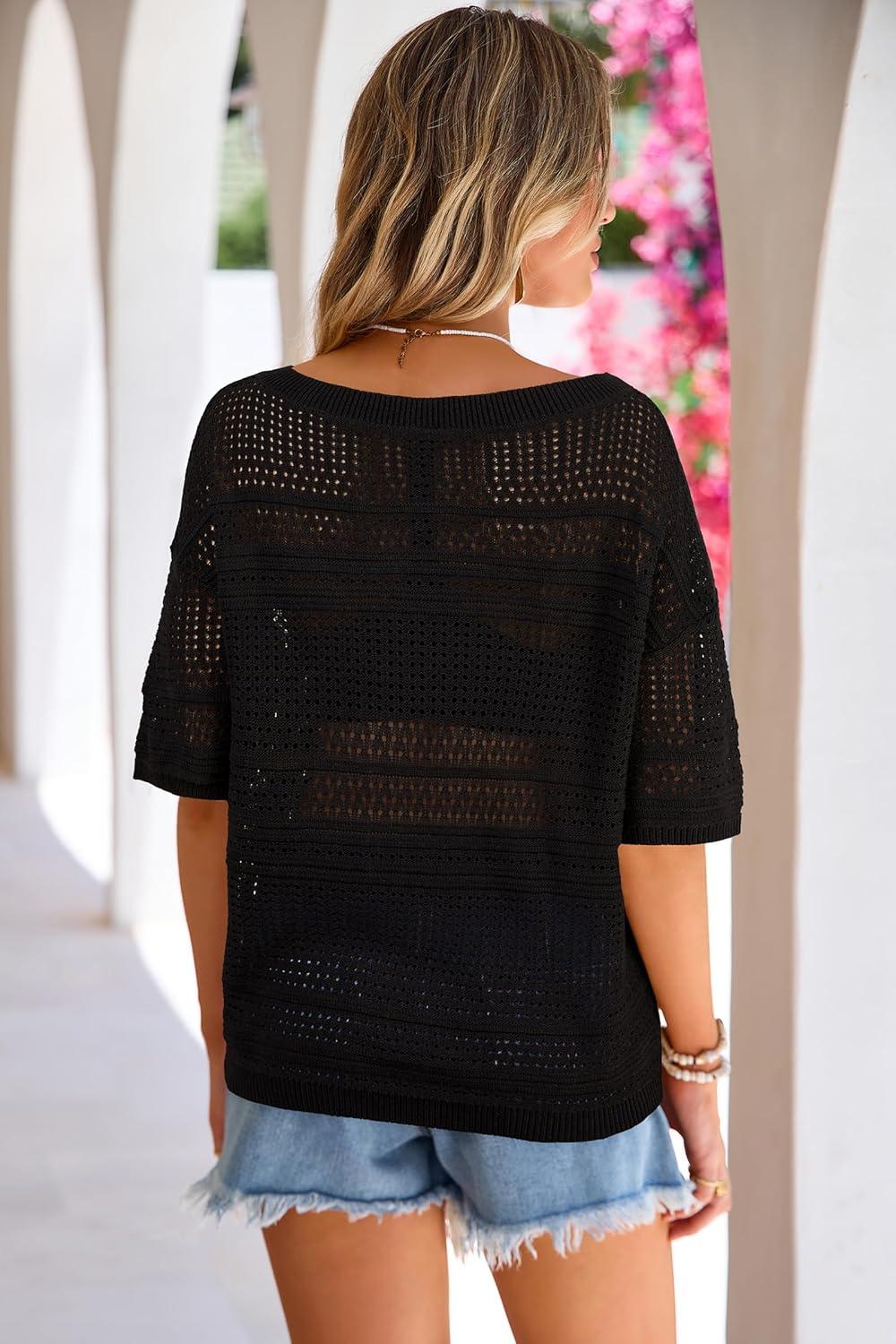 image:imageArachampCloz Womens Linen Blend Off Shoulder Summer Cover Up Beach Casual Crochet Tops Hollow Out Vacation Outfits 2026Black