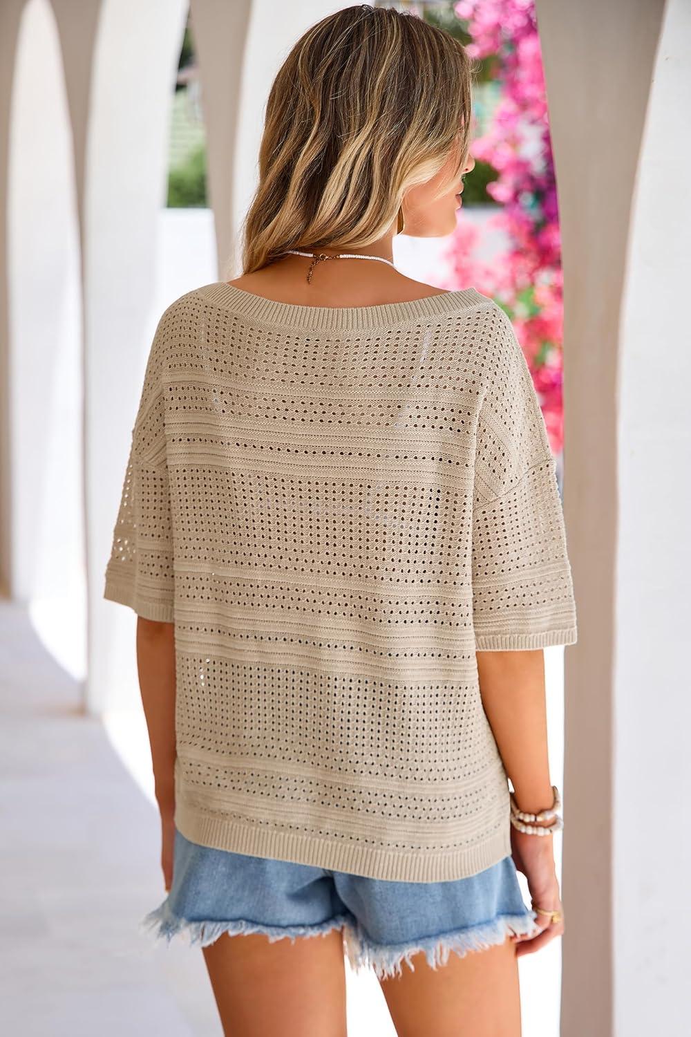 image:imageArachampCloz Womens Linen Blend Off Shoulder Summer Cover Up Beach Casual Crochet Tops Hollow Out Vacation Outfits 2026Khaki
