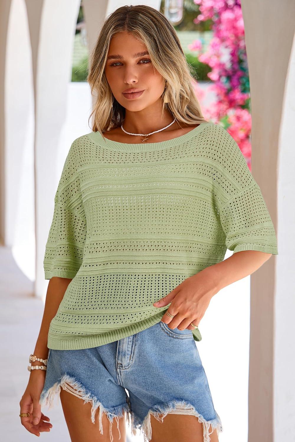 image:imageArachampCloz Womens Linen Blend Off Shoulder Summer Cover Up Beach Casual Crochet Tops Hollow Out Vacation Outfits 2026Light Green