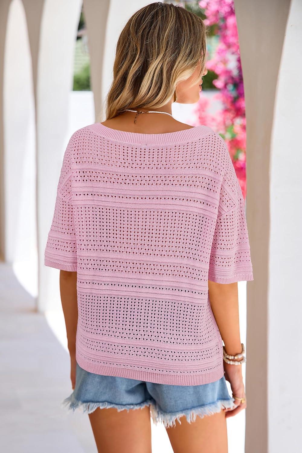 image:imageArachampCloz Womens Linen Blend Off Shoulder Summer Cover Up Beach Casual Crochet Tops Hollow Out Vacation Outfits 2026Pink