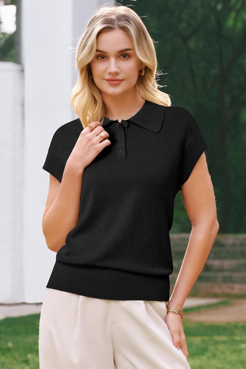 image:imageArachampCloz Womens Wool Blend Cap Sleeves Business Casual Summer Tops Sweater Vest Polo Shirts 2026Black