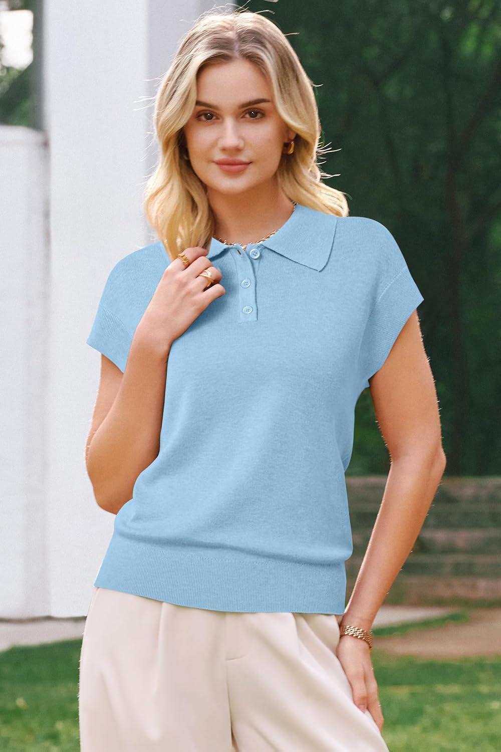 image:imageArachampCloz Womens Wool Blend Cap Sleeves Business Casual Summer Tops Sweater Vest Polo Shirts 2026Light Blue