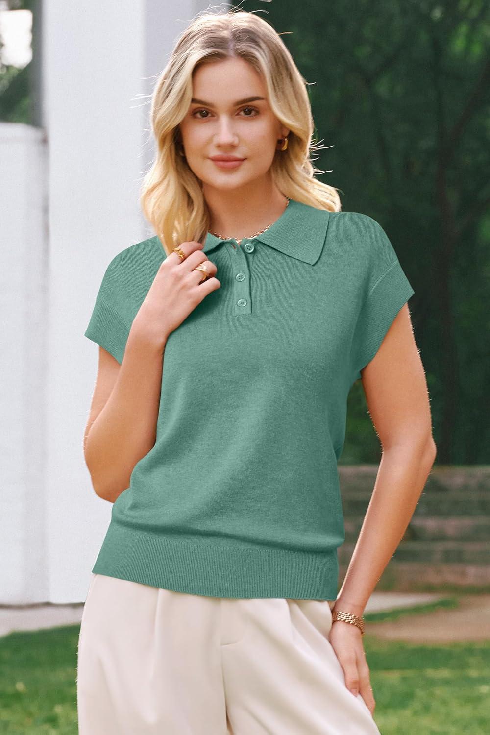 image:imageArachampCloz Womens Wool Blend Cap Sleeves Business Casual Summer Tops Sweater Vest Polo Shirts 2026Sage Green