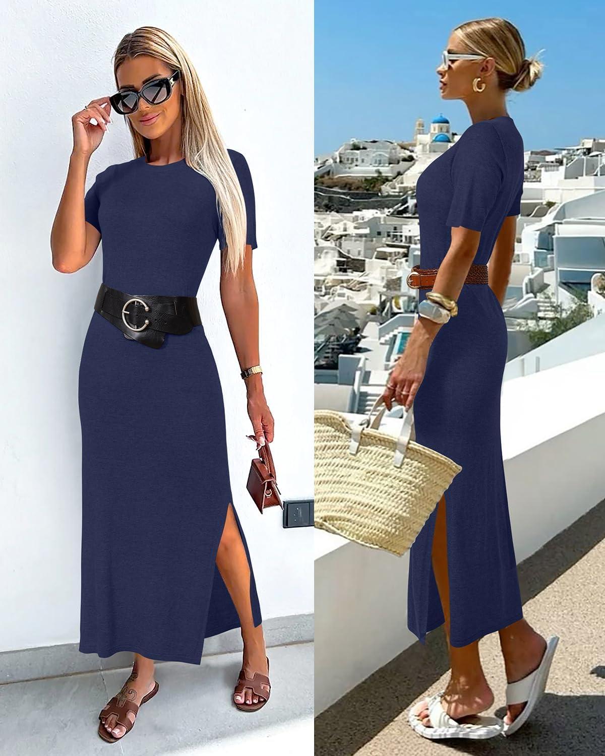 image:imageArachampCloz Womens Wool Blend Lightweight Spring Casual T Shirts Maxi Dress 2026Navy