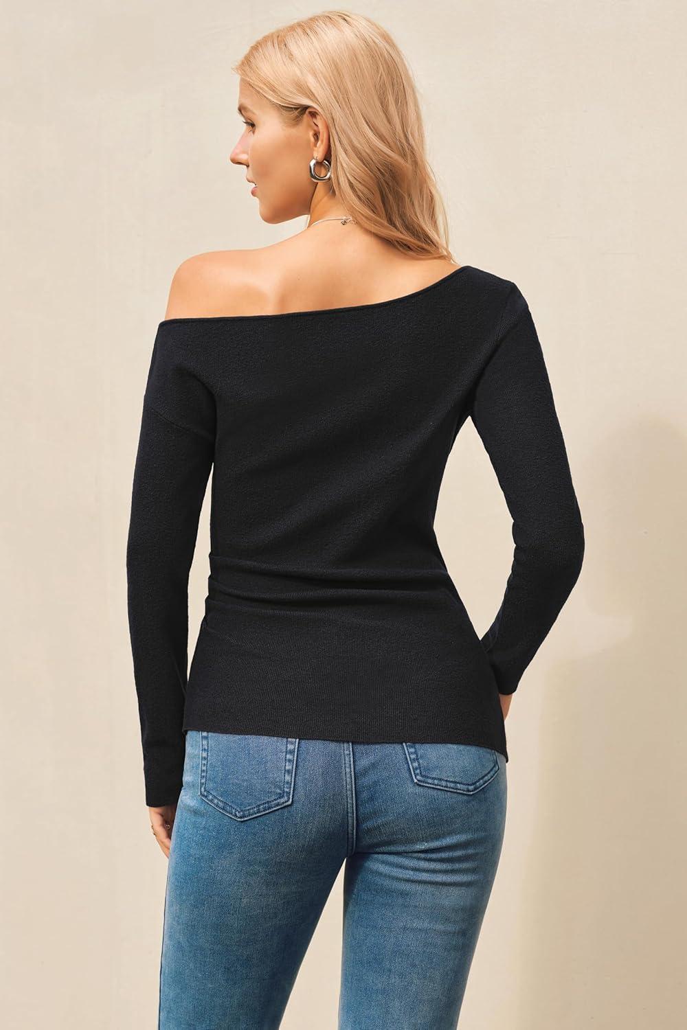 image:imageArachampCloz Womens Wool Blend Off The Shoulder Sweaters Ruched Slim Fit Date Top 2026Black