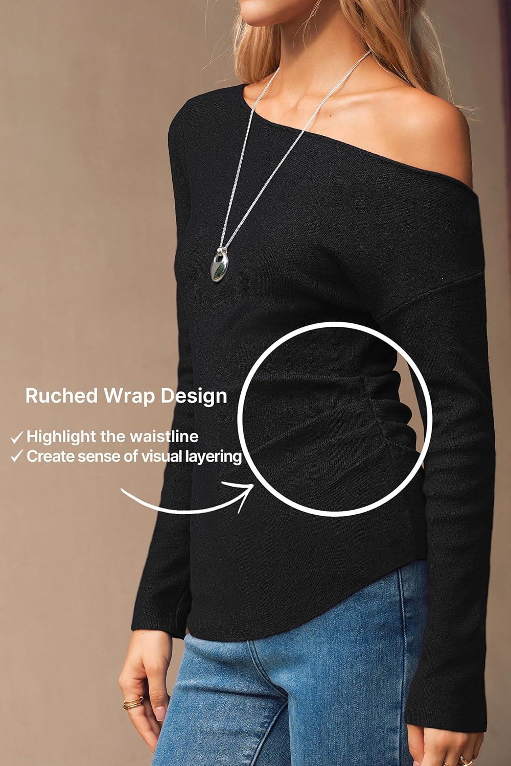 image:imageArachampCloz Womens Wool Blend Off The Shoulder Sweaters Ruched Slim Fit Date Top 2026Black