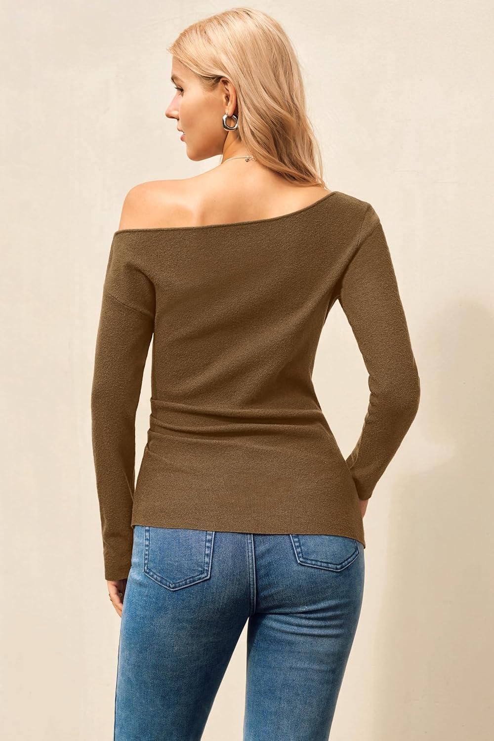 image:imageArachampCloz Womens Wool Blend Off The Shoulder Sweaters Ruched Slim Fit Date Top 2026Brown