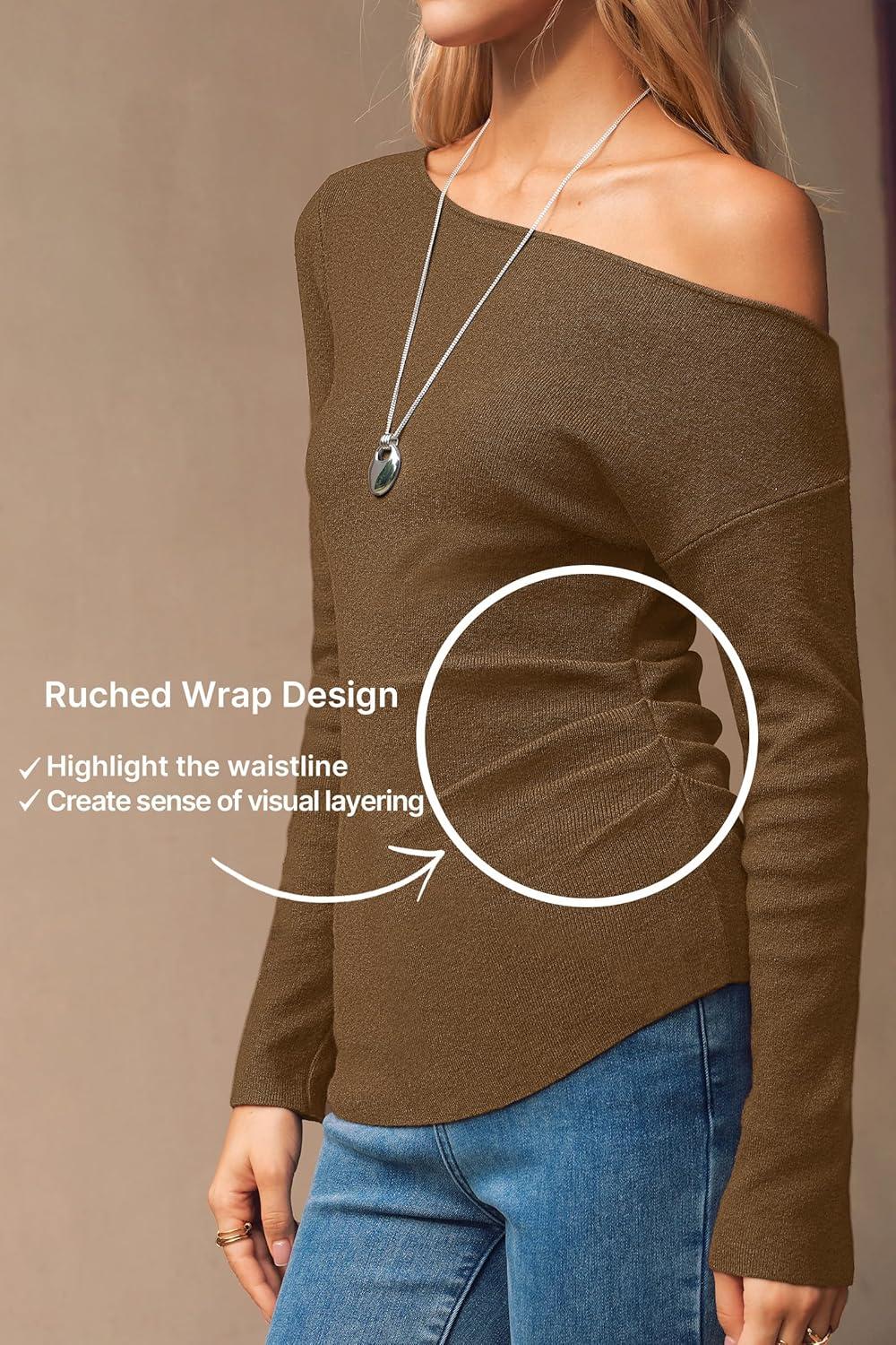 image:imageArachampCloz Womens Wool Blend Off The Shoulder Sweaters Ruched Slim Fit Date Top 2026Brown