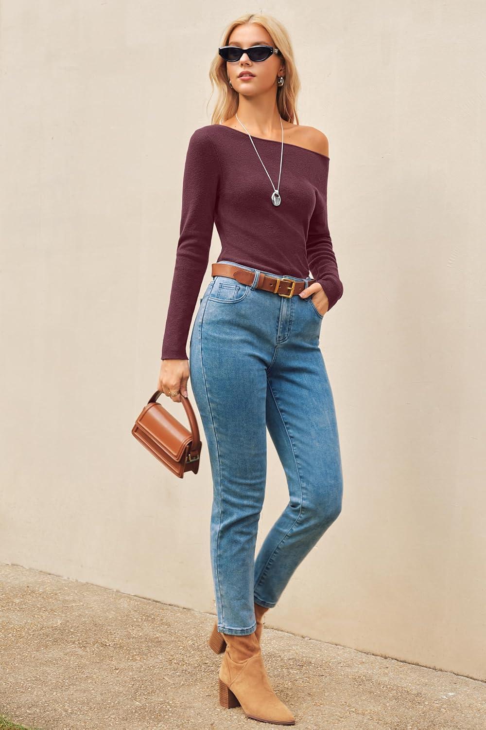 image:imageArachampCloz Womens Wool Blend Off The Shoulder Sweaters Ruched Slim Fit Date Top 2026Dark Red