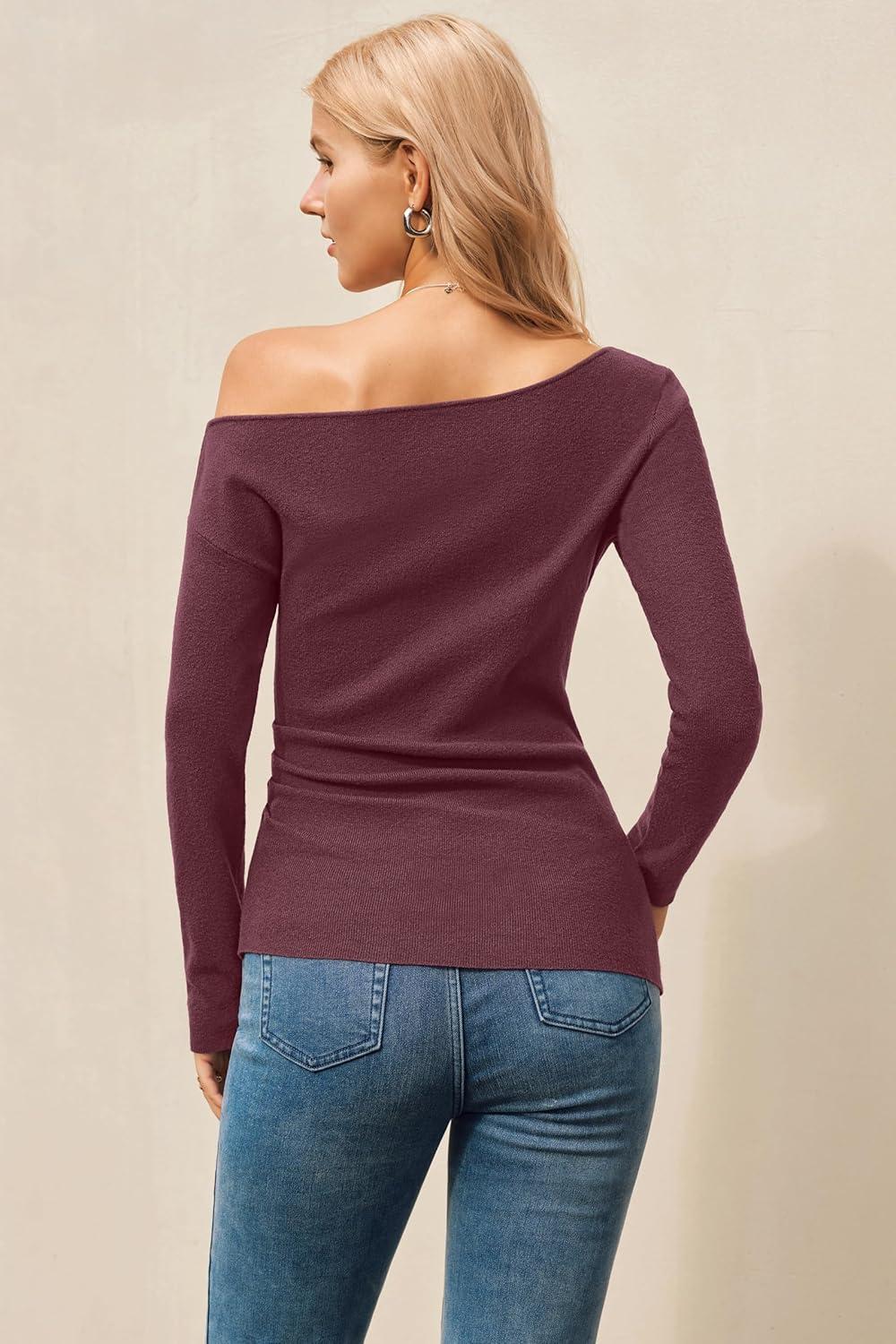 image:imageArachampCloz Womens Wool Blend Off The Shoulder Sweaters Ruched Slim Fit Date Top 2026Dark Red