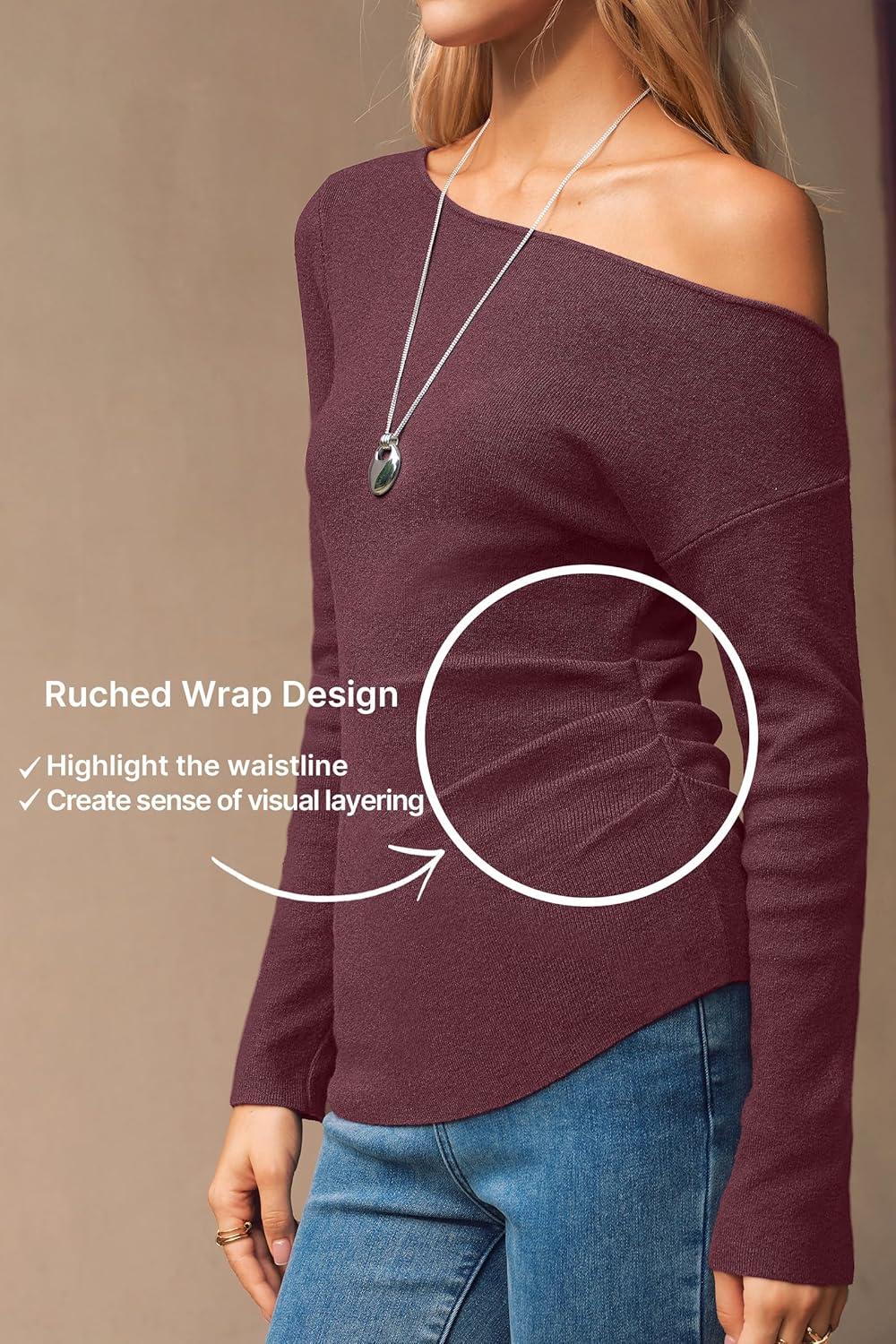 image:imageArachampCloz Womens Wool Blend Off The Shoulder Sweaters Ruched Slim Fit Date Top 2026Dark Red