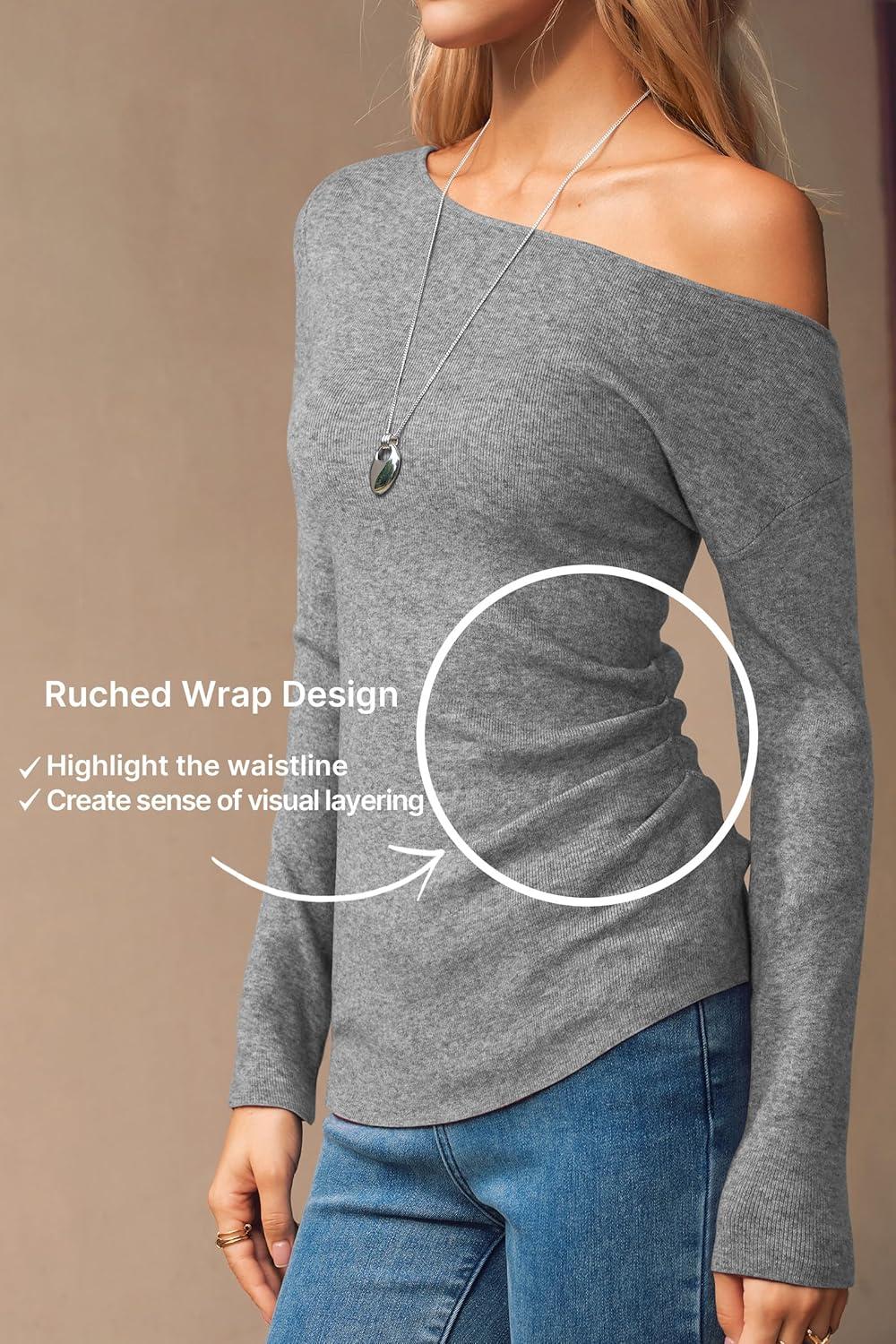 image:imageArachampCloz Womens Wool Blend Off The Shoulder Sweaters Ruched Slim Fit Date Top 2026Gray