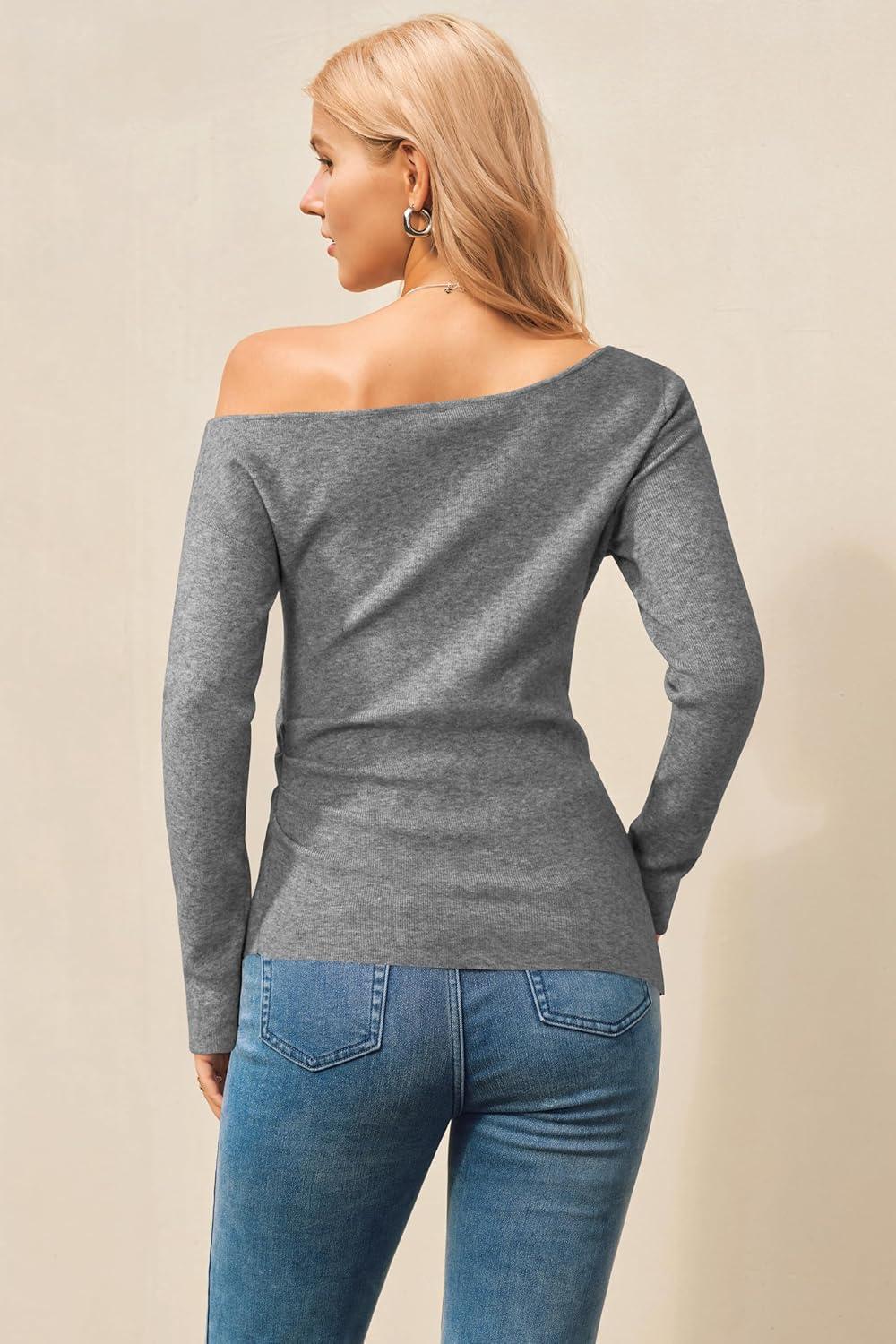 image:imageArachampCloz Womens Wool Blend Off The Shoulder Sweaters Ruched Slim Fit Date Top 2026Gray