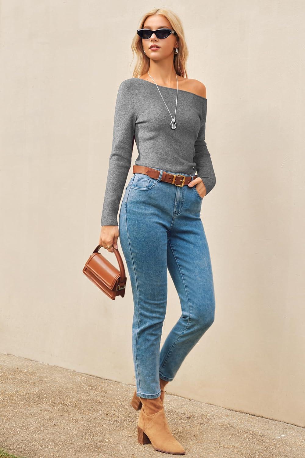image:imageArachampCloz Womens Wool Blend Off The Shoulder Sweaters Ruched Slim Fit Date Top 2026Gray