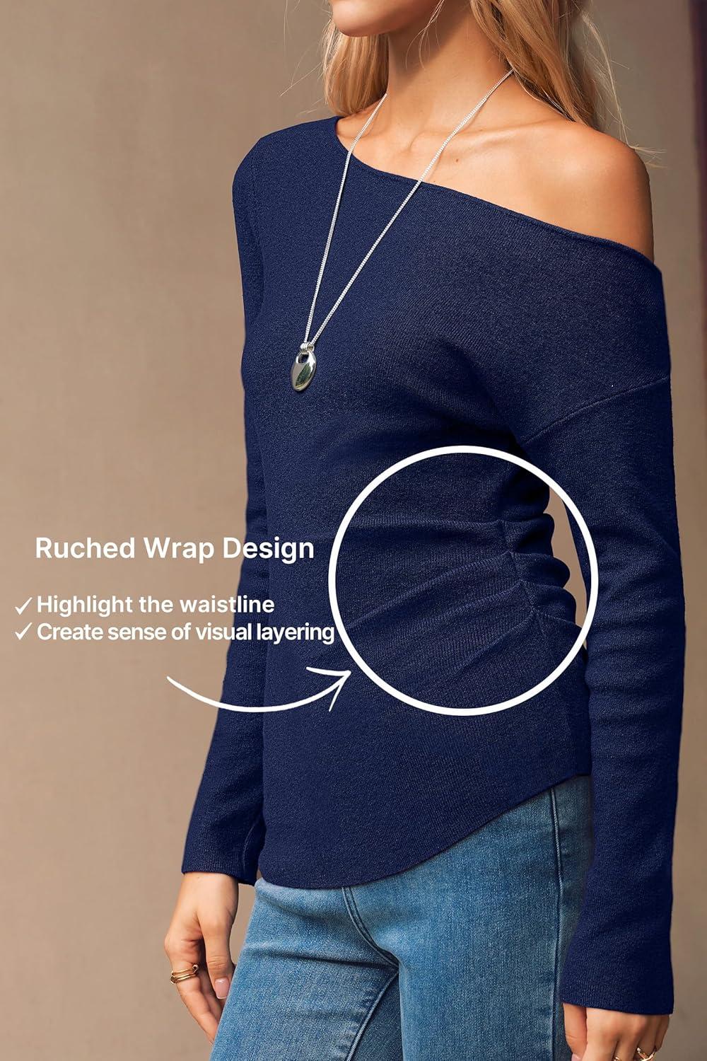 image:imageArachampCloz Womens Wool Blend Off The Shoulder Sweaters Ruched Slim Fit Date Top 2026Navy