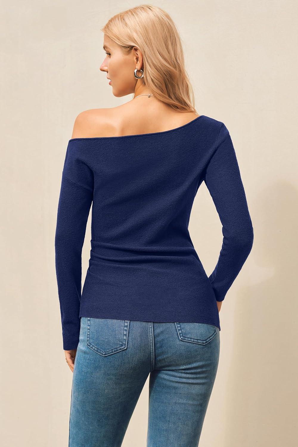 image:imageArachampCloz Womens Wool Blend Off The Shoulder Sweaters Ruched Slim Fit Date Top 2026Navy