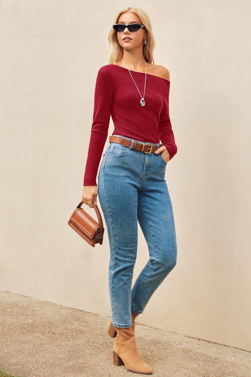 image:imageArachampCloz Womens Wool Blend Off The Shoulder Sweaters Ruched Slim Fit Date Top 2026Red