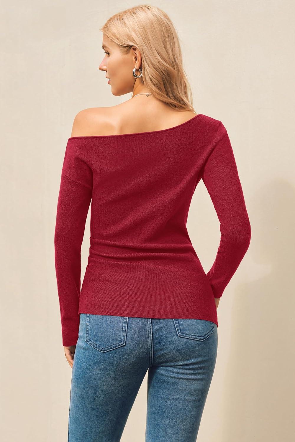 image:imageArachampCloz Womens Wool Blend Off The Shoulder Sweaters Ruched Slim Fit Date Top 2026Red