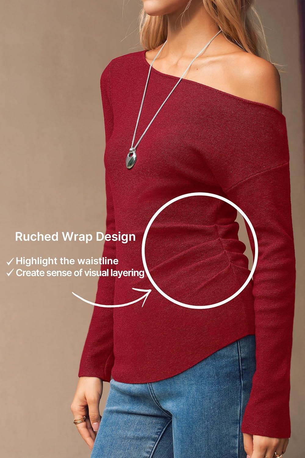 image:imageArachampCloz Womens Wool Blend Off The Shoulder Sweaters Ruched Slim Fit Date Top 2026Red