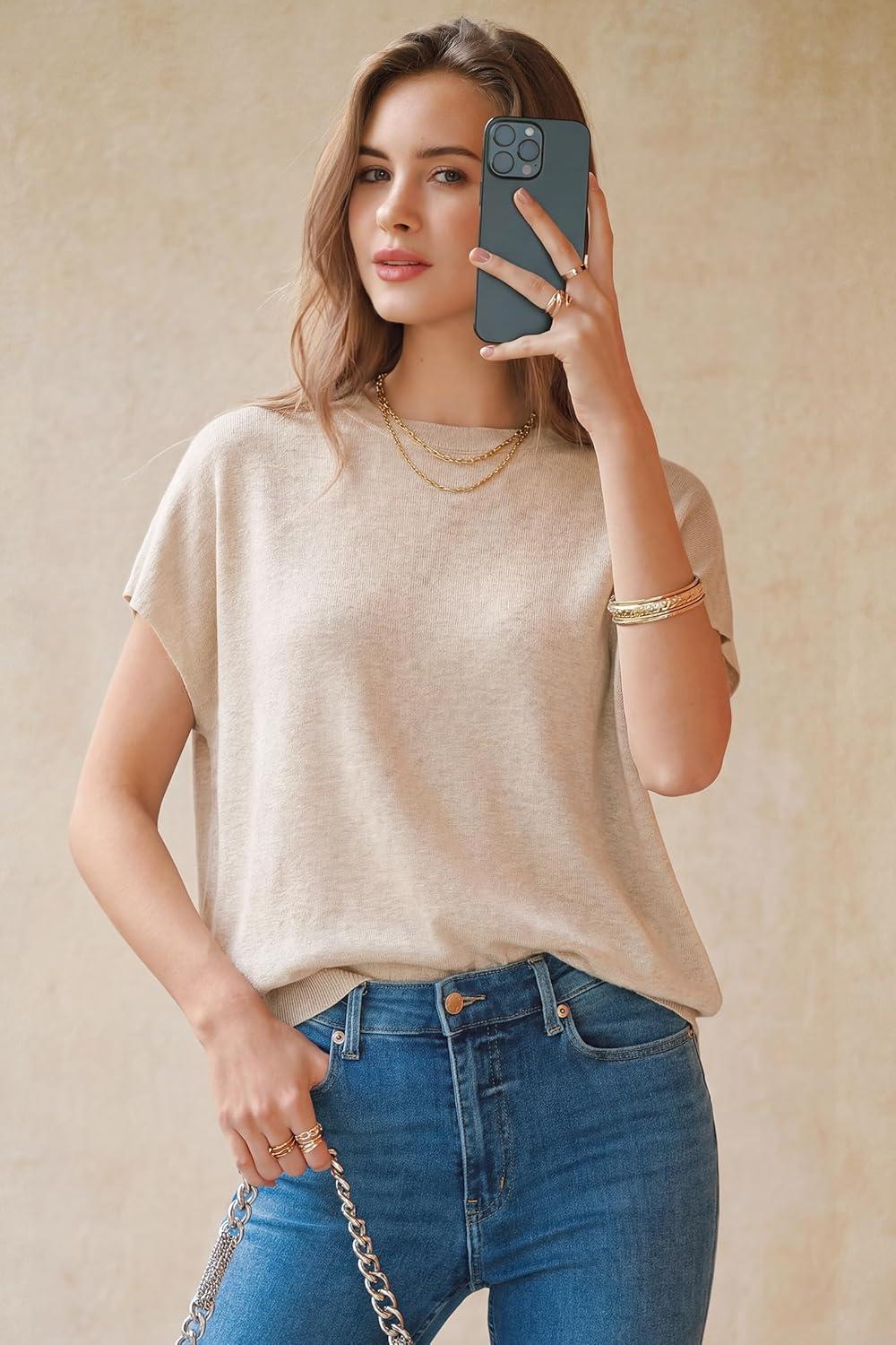 image:imageArachampCloz Womens Wool Blend Short Sleeve Oversized Sweater Business Casual Tops 2026Apricot