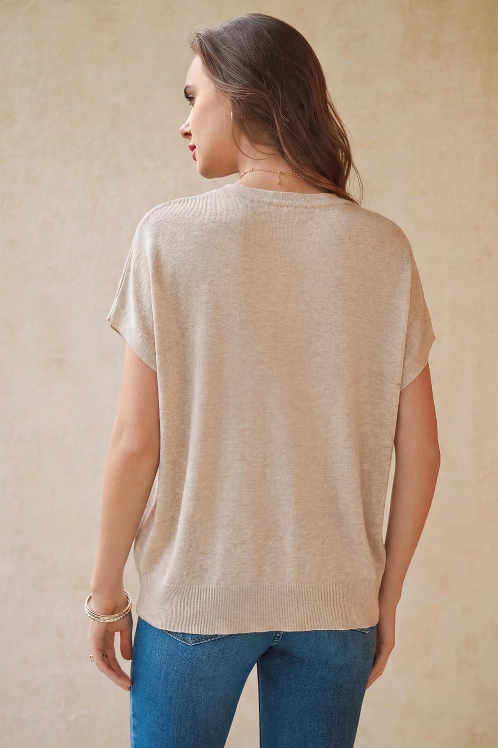 image:imageArachampCloz Womens Wool Blend Short Sleeve Oversized Sweater Business Casual Tops 2026Apricot