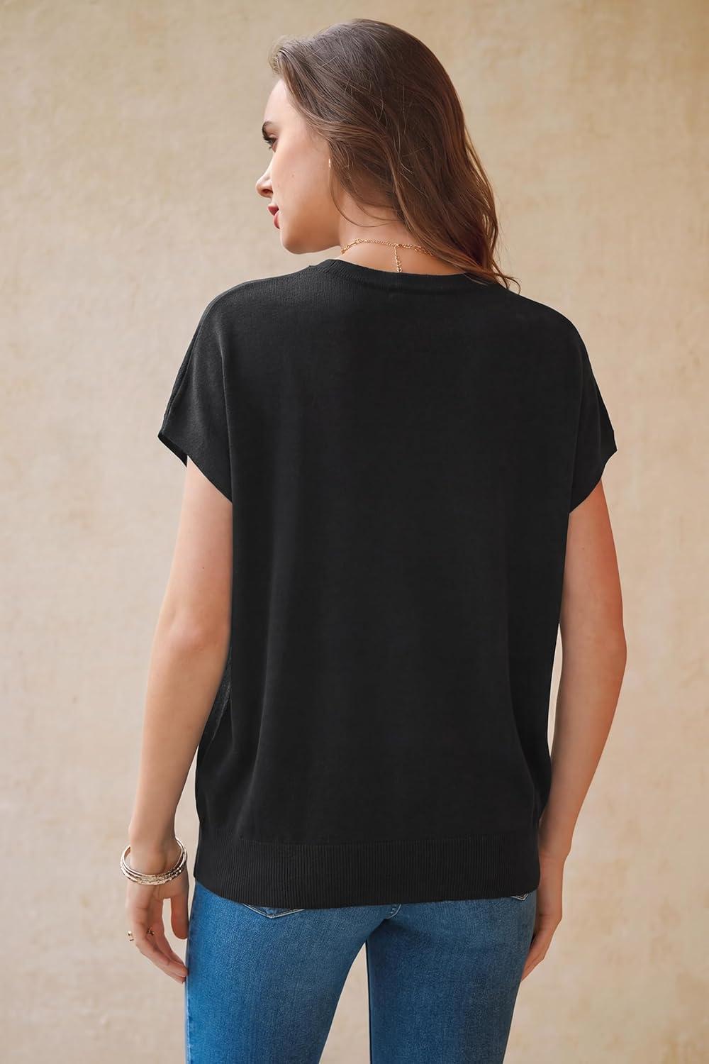 image:imageArachampCloz Womens Wool Blend Short Sleeve Oversized Sweater Business Casual Tops 2026Black