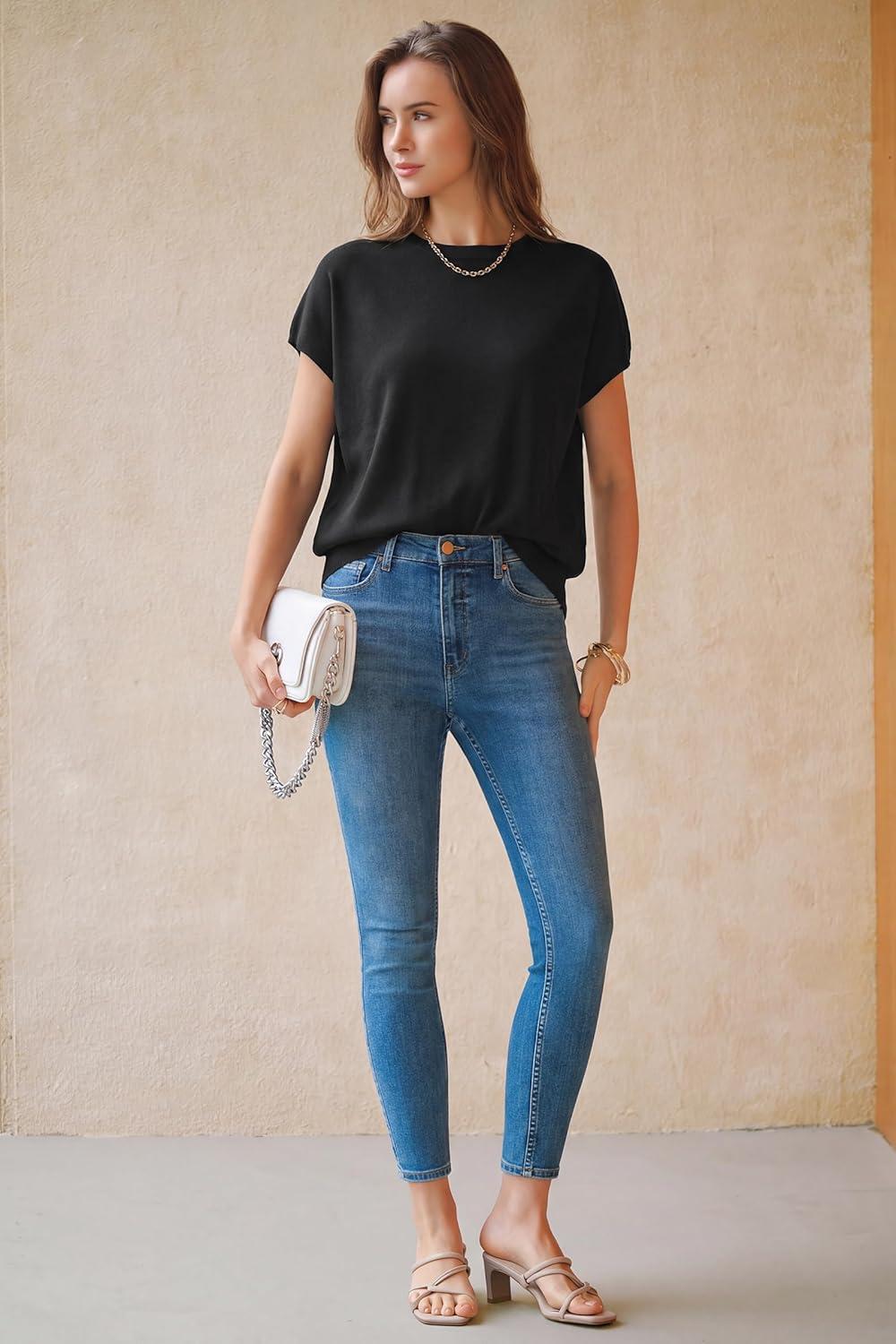 image:imageArachampCloz Womens Wool Blend Short Sleeve Oversized Sweater Business Casual Tops 2026Black