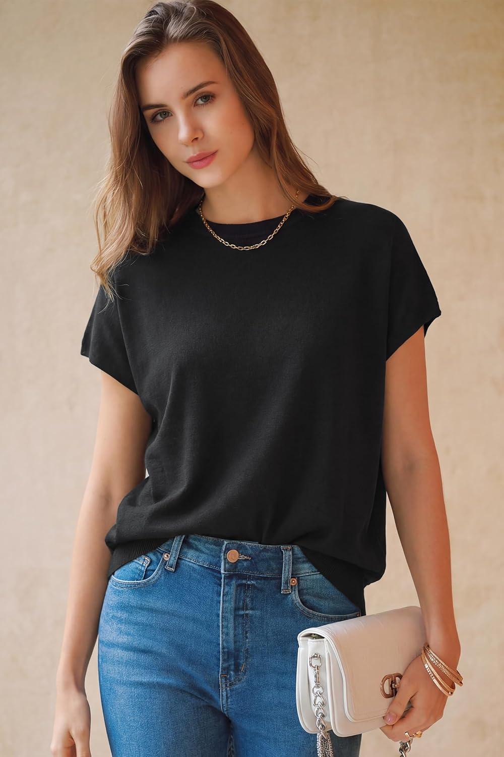 image:imageArachampCloz Womens Wool Blend Short Sleeve Oversized Sweater Business Casual Tops 2026Black