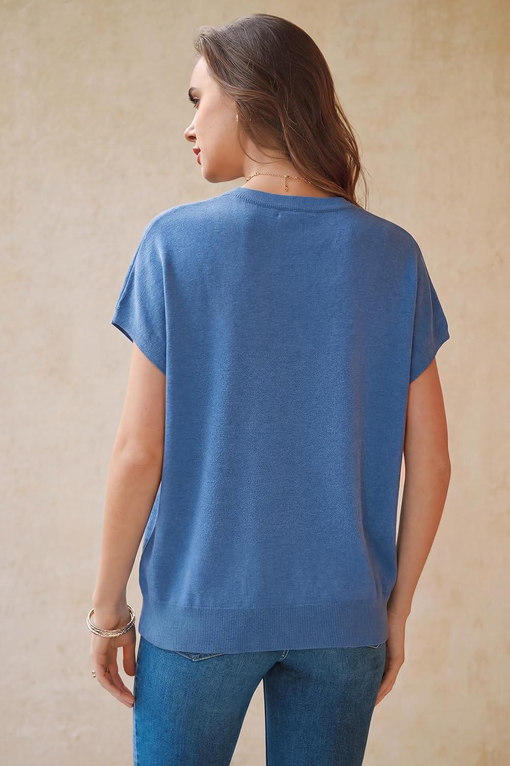 image:imageArachampCloz Womens Wool Blend Short Sleeve Oversized Sweater Business Casual Tops 2026Lake Blue