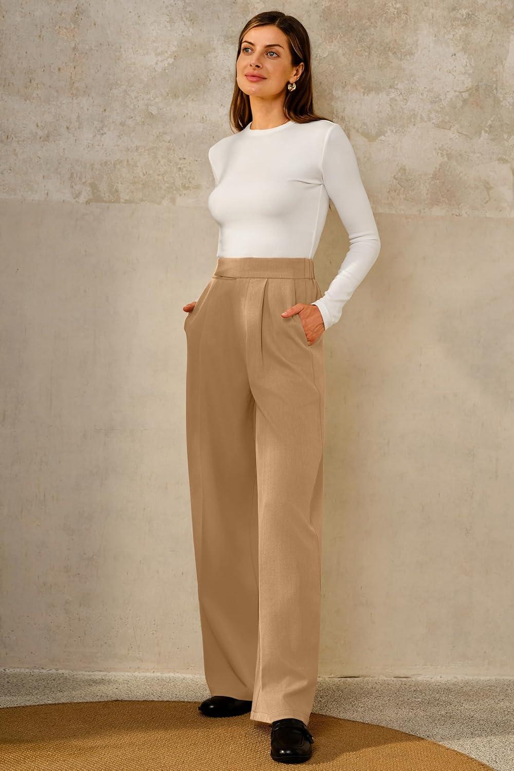 image:imageArachampCloz Womens WrinkleFree Pleated High Waisted Business Casual Wide Leg Dress Pants 2026Camel