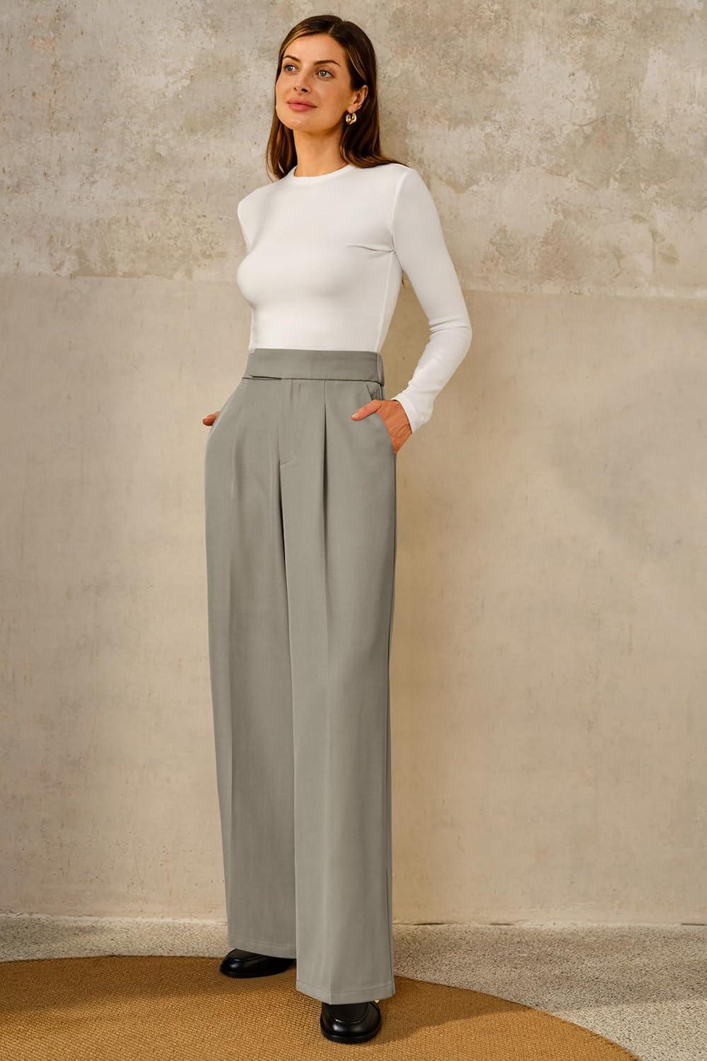 image:imageArachampCloz Womens WrinkleFree Pleated High Waisted Business Casual Wide Leg Dress Pants 2026Gray Mocha