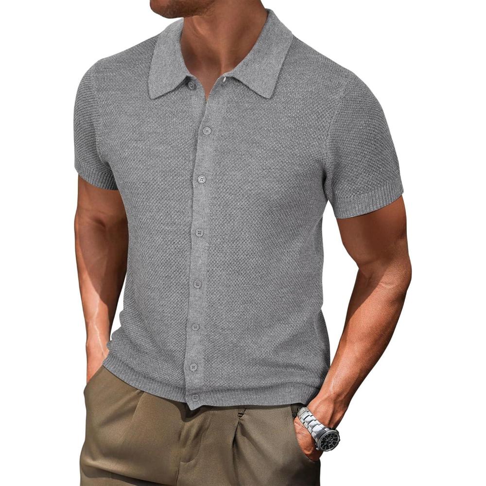 image:imageArachampCloz Mens Wool Blended Button Down Short Sleeve Sweater Knit 2025 Summer Fashion Dress Shirts Casual Business GolfGray