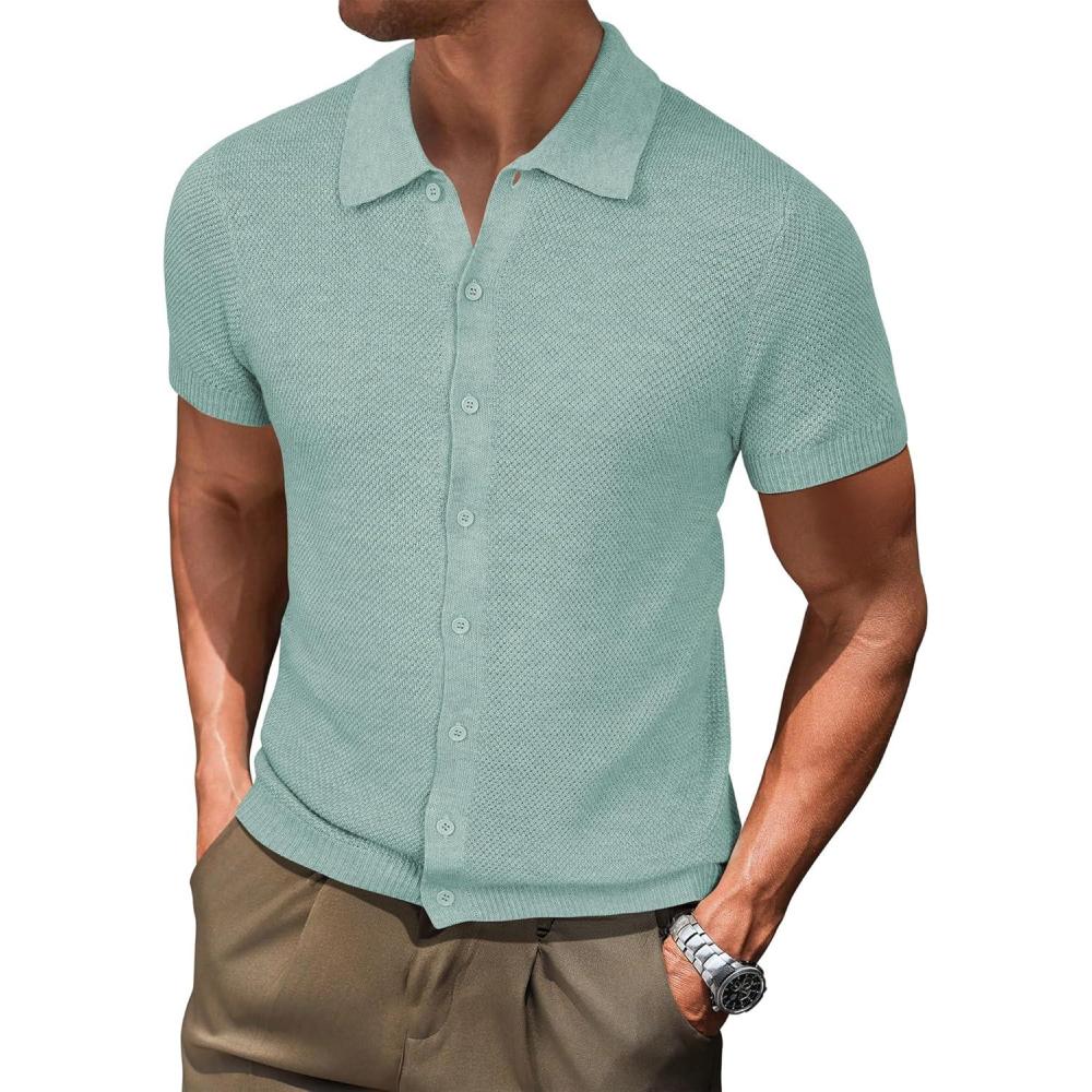 image:imageArachampCloz Mens Wool Blended Button Down Short Sleeve Sweater Knit 2025 Summer Fashion Dress Shirts Casual Business GolfLight Green