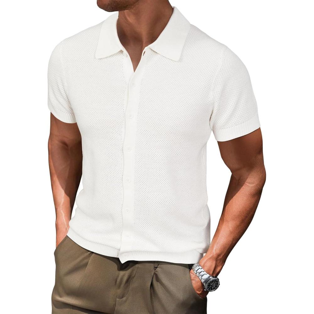 image:imageArachampCloz Mens Wool Blended Button Down Short Sleeve Sweater Knit 2025 Summer Fashion Dress Shirts Casual Business GolfWhite