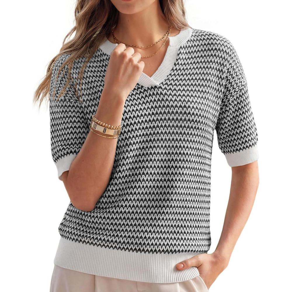 image:imageArachampCloz Womens 100 Cotton Polo V Neck Striped Short Sleeve Spring Casual Pullover Sweaters 2026Black