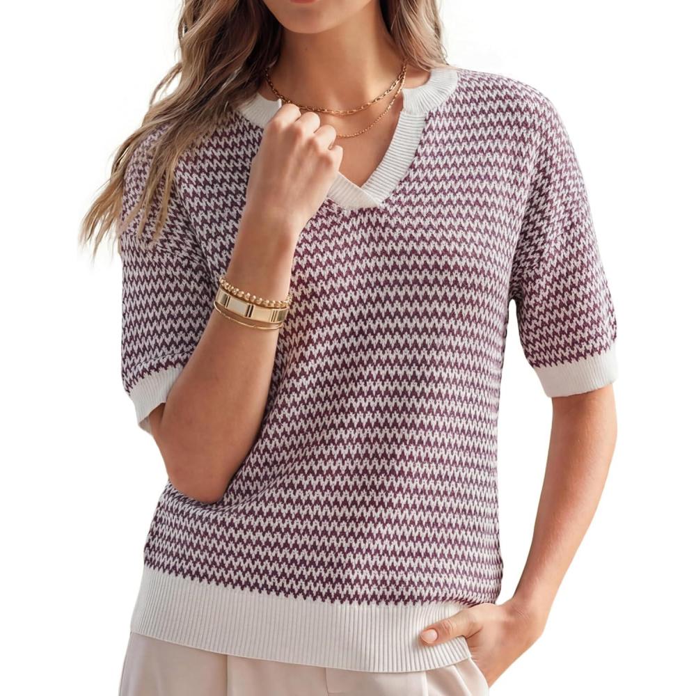 image:imageArachampCloz Womens 100 Cotton Polo V Neck Striped Short Sleeve Spring Casual Pullover Sweaters 2026Dark Red