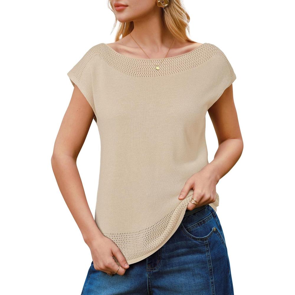 image:imageArachampCloz Womens Cashmere Blend Cap Sleeve Hollow Out Smart Casual Sweater Vests Tank Summer Tops 2026Khaki